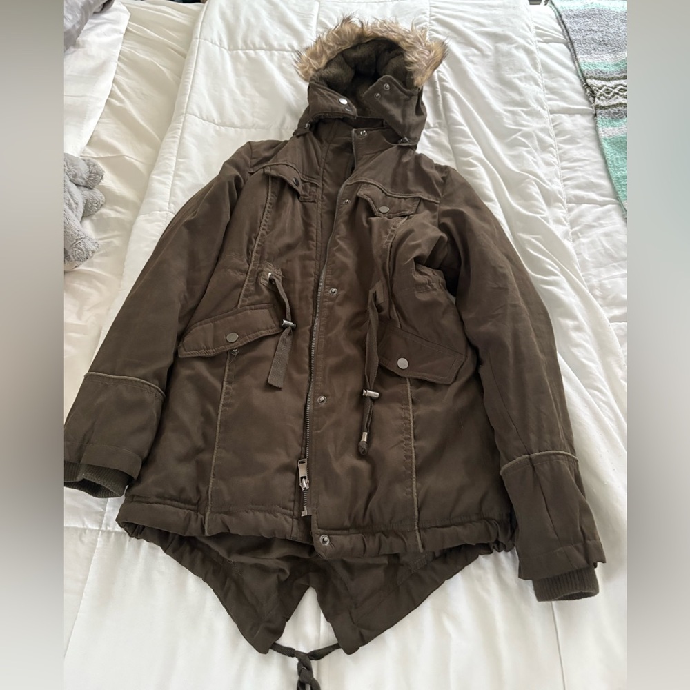 Brown Hooded Parka with Fur Trim